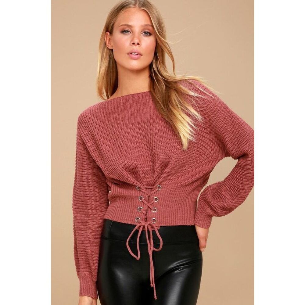Lulus Wrapped In Romance Rusty Rose Cropped Lace-up Sweater Pink - Size Medium